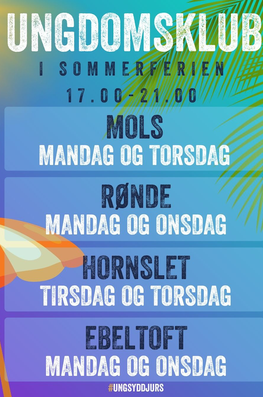 PLakat mols, rønde, hornslet, ebeltoft. palme, sol og parasol. kom i klub